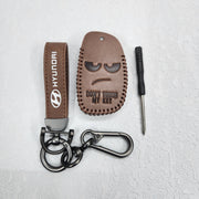 Hyundai Creta/i20/Aura/i10 3 Button Key Luxury Pure Handmade Oilwax Leather Keycase with Logo, Caption, Hook, and Chain