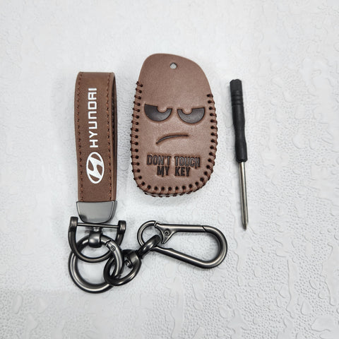 Hyundai Creta/i20/Aura/i10 3 Button Key Luxury Pure Handmade Oilwax Leather Keycase with Logo, Caption, Hook, and Chain